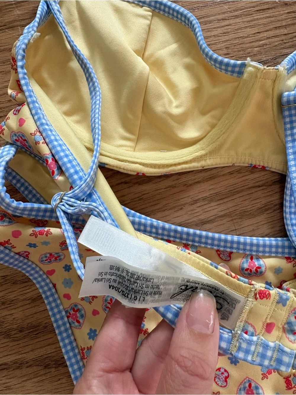 Frankie's Bikinis Yellow Floral Bikini with Blue Gingham Trim